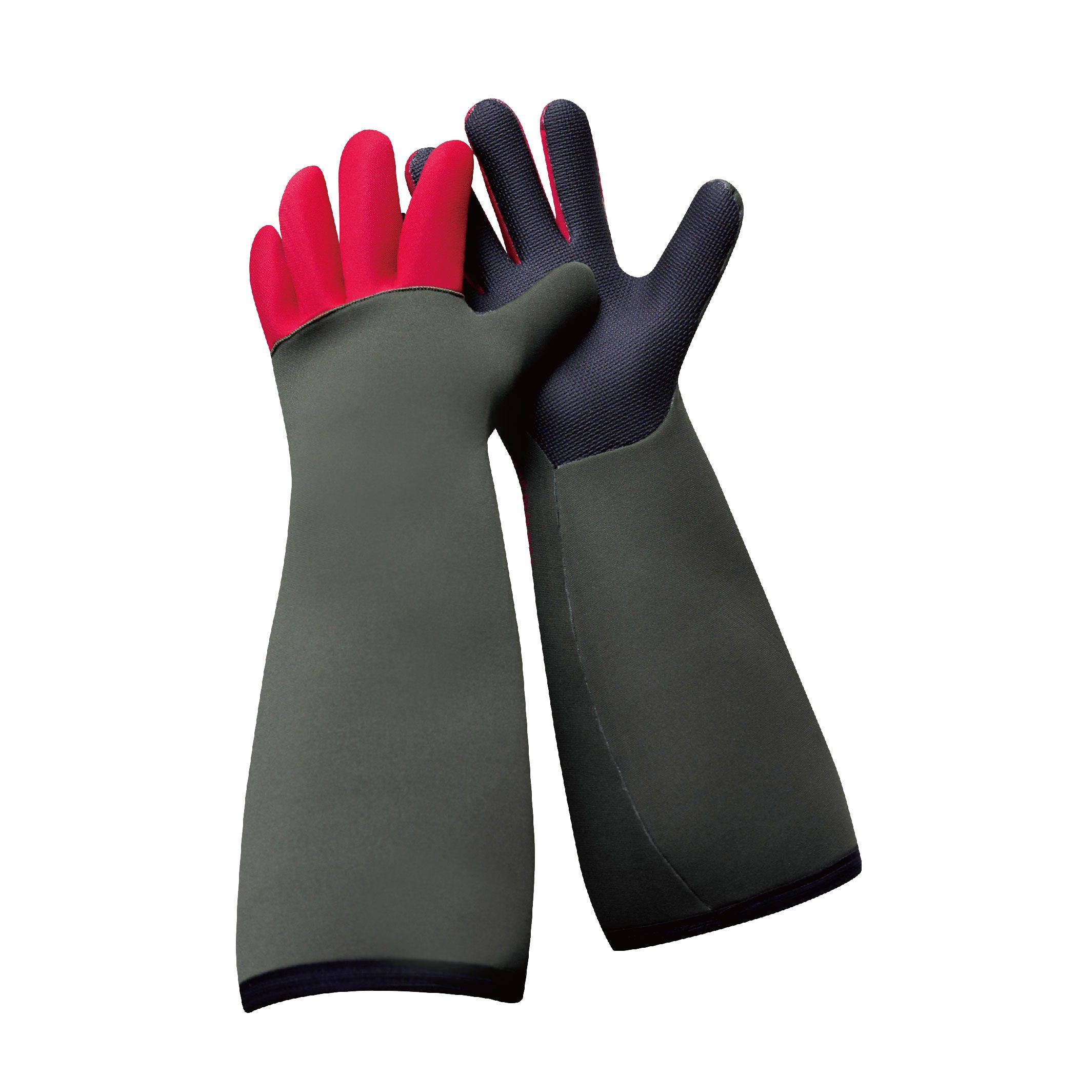 Ein Paar nahtlose Neoprenhandschuhe, die verschiedene Materialien an Fingern, Handfläche und Unterarm zeigen und die auslaufsichere Konstruktion hervorheben.